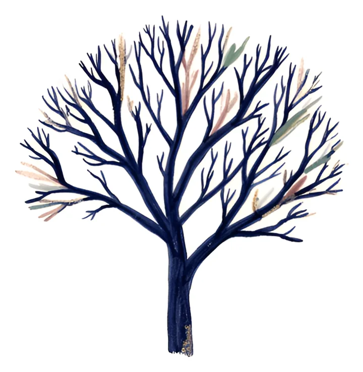 A painted study of bare branches dividing into fine twigs.