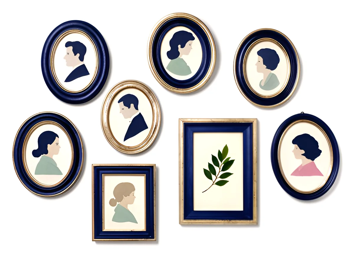 A painted wall of oval and rectangular picture frames, each holding a silhouette portrait of a family member.