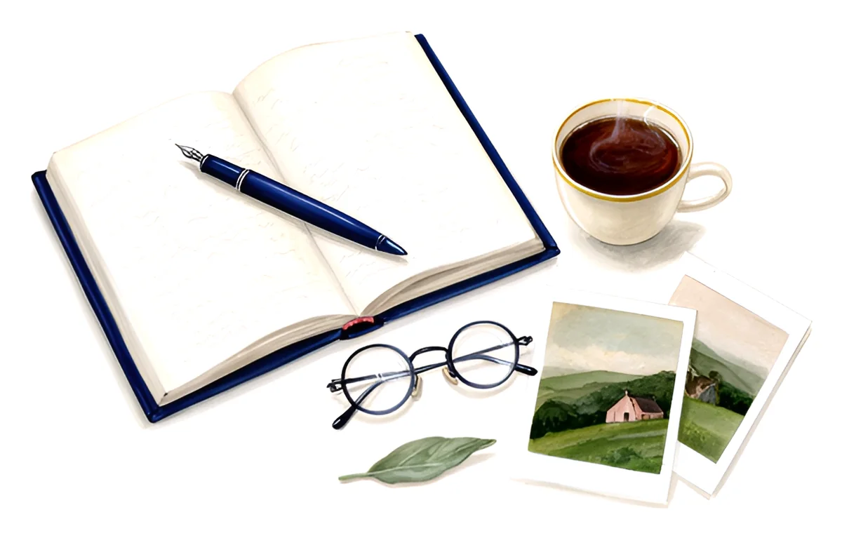 A painted still life: an open journal with a fountain pen, reading glasses, a cup of tea, two old photographs and a pressed leaf.
