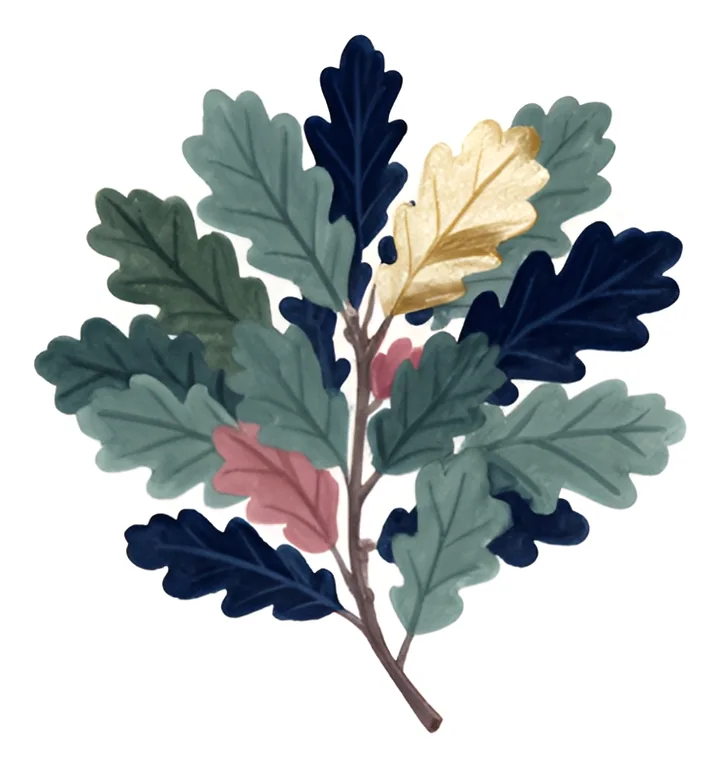 A painted sprig of oak leaves in greens, navy, rose and gold.