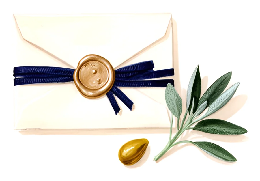 A painted cream envelope closed with a gold wax seal and a navy ribbon, beside a sprig of sage and a golden seed.