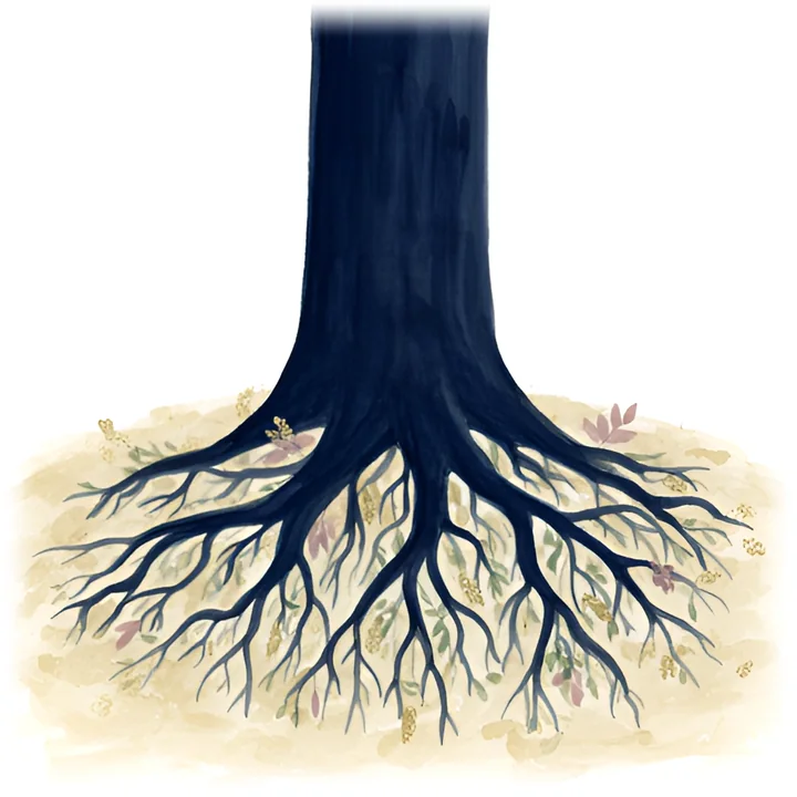 A painted study of tree roots spreading through the earth.