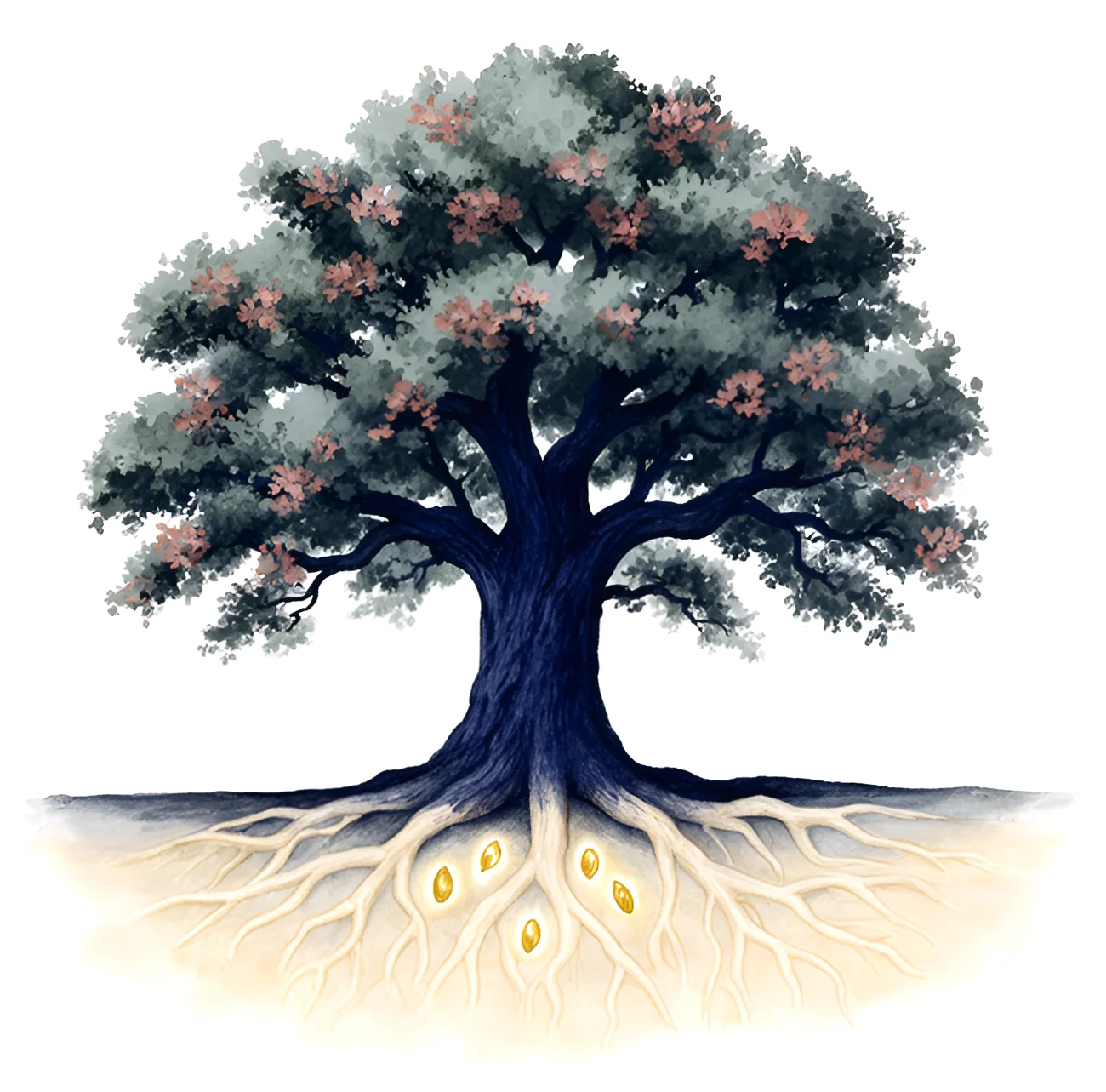 A painted oak tree in blossom. Beneath the soil its roots spread wide, with golden seeds resting among them.